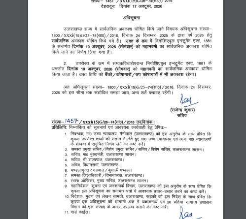 महानवमी के अवसर पर 19 अक्टूबर को प्रदेश में सार्वजनिक अवकाश घोषित
